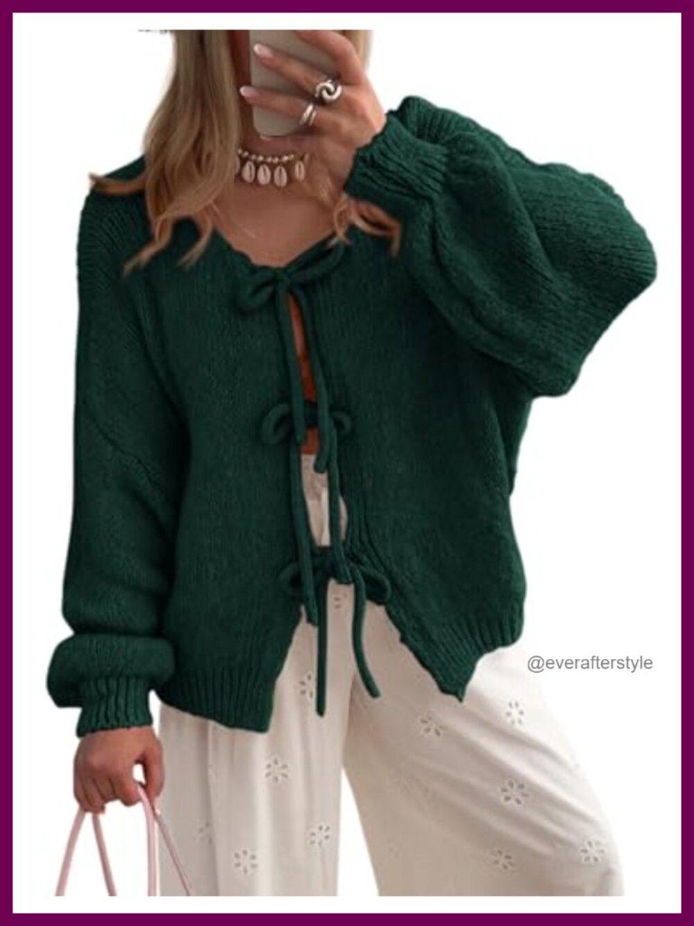 Tie Front Bow Cardigan Cable Knit Puff Sleeve Sweater Women's Fall Layer